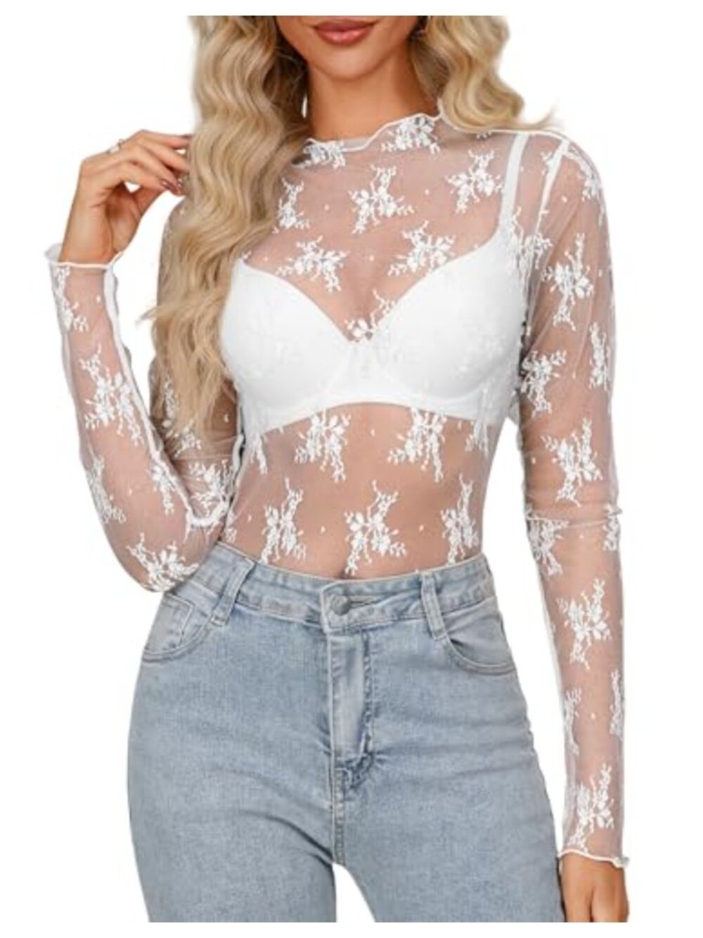 Mesh Sheer Long Sleeve Mock Neck Lace Floral Blouse Y2K Layering Top